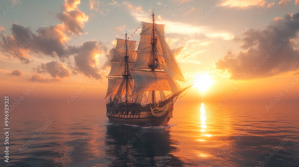 Obraz premium A majestic sailing ship glides across calm waters at sunset, creating a serene atmosphere beneath a colorful sky