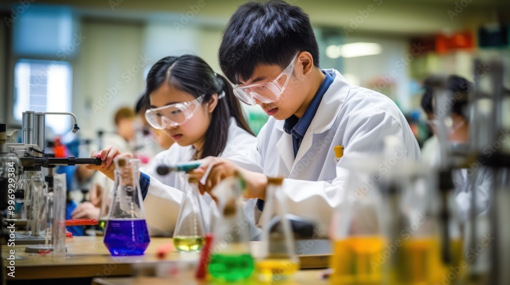 Students Conduct a Chemistry Experiment in a Lab Students Conduct a Chemistry Experiment in a Lab