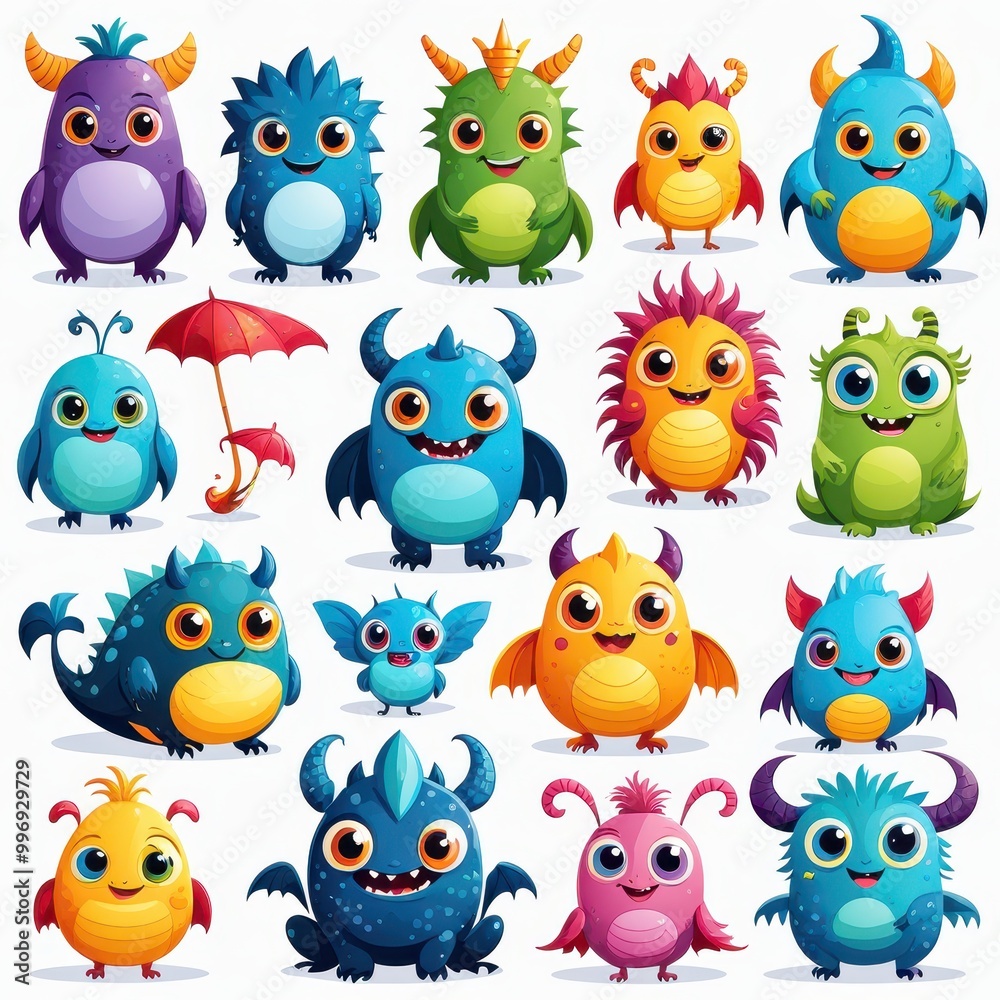 Naklejka premium A colorful collection of cute, cartoonish monsters with various features and expressions.