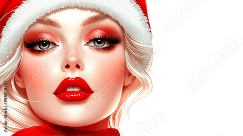 A Festive Christmas Portrait: A Beautiful Woman in a Red Hat, Pop Art Style