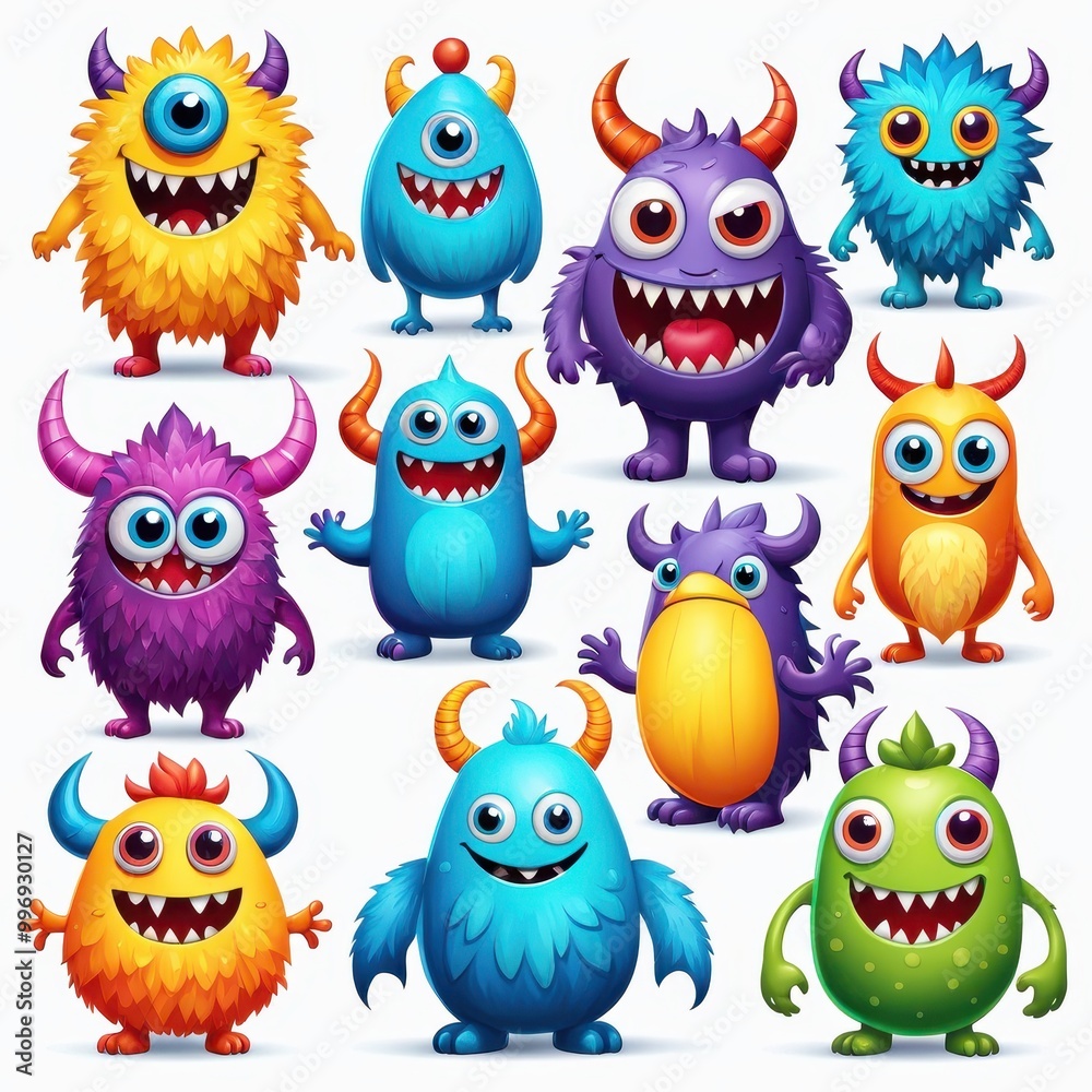 A colorful collection of cute, cartoonish monsters with various features and expressions. A colorful collection of cute, cartoonish monsters with various features and expressions.