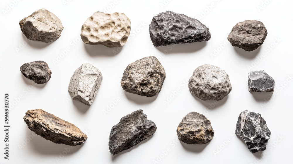 This collection features a series of asteroids in different sizes, emphasizing their unique rough textures set against a bright, clean white background, capturing their natural beauty
