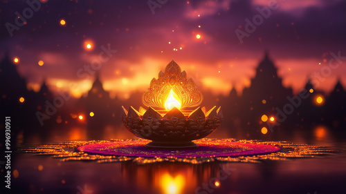 Deepavali, oil lamp with a background of Indian style architecture silhouettes, Rangoli.
 photo