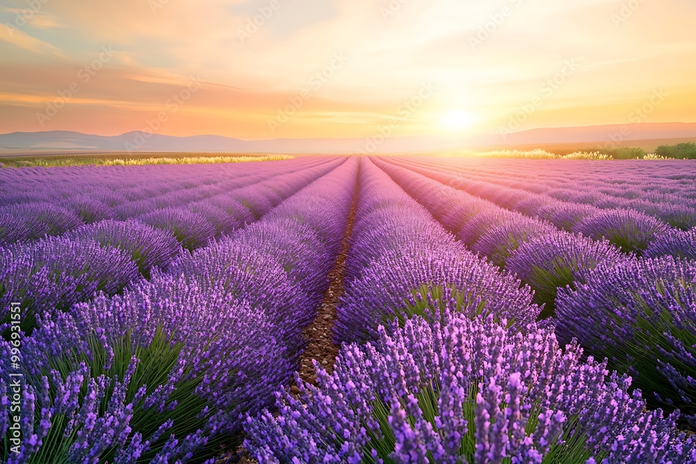 Obraz premium Lavender field rows leading to warm sunset over mountains