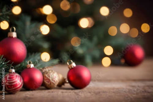 Defocused festive background with Christmas tree in warm bokeh glow and red balls. Magical and cozy atmosphere, dreamy and joyful mood. For New Year design, seasonal backdrop, holiday-themed projects