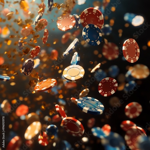 Poker chips flying in the air on a dark background. 3d rendering photo