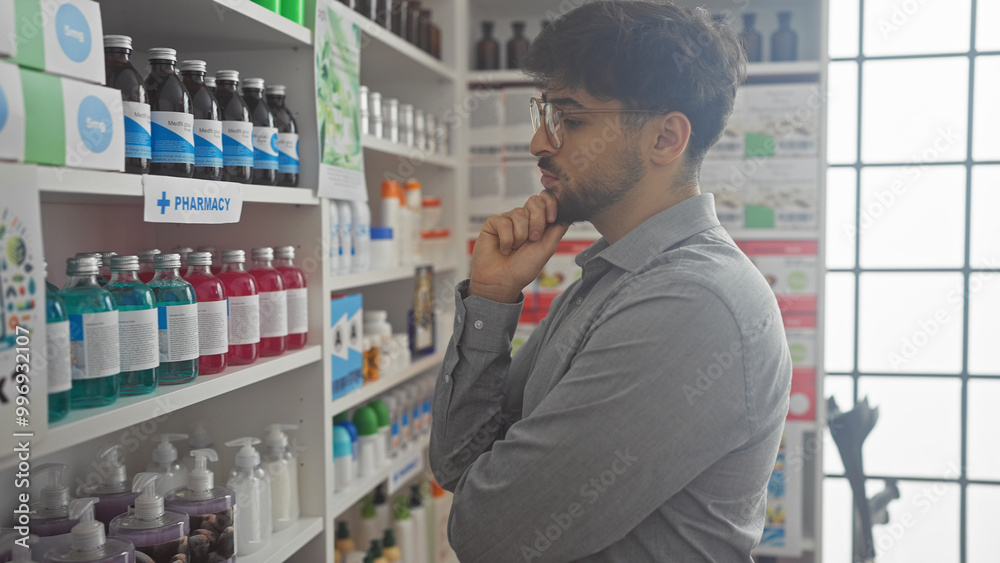 Fototapeta premium A thoughtful man with a beard considering options in a modern pharmacy full of medical products.