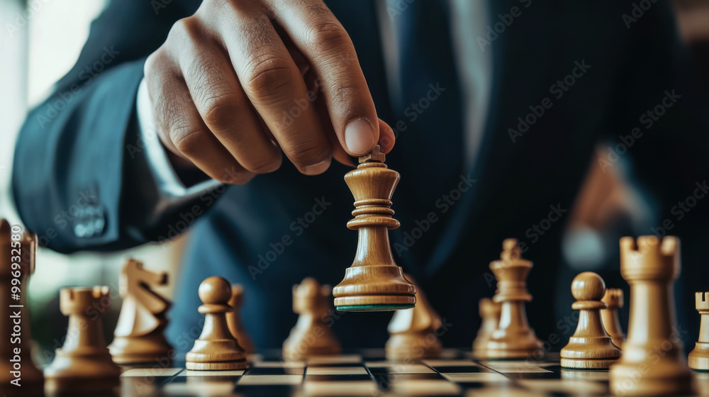 A business professional strategizes their next move during a chess game in a stylish office setting A business professional strategizes their next move during a chess game in a stylish office setting