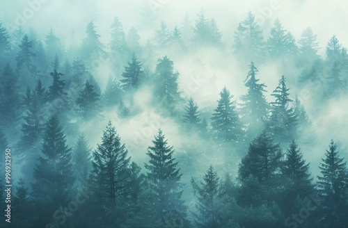 Dense Fir Forest in Foggy Morning Atmosphere