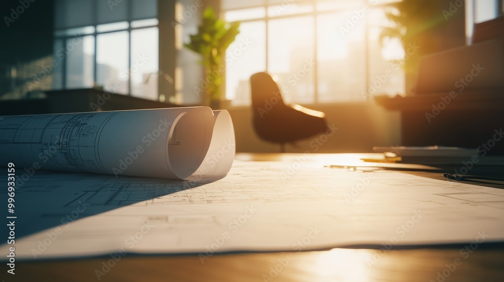 Fototapeta premium Architectural Plans and Blueprints in Sunlit Office