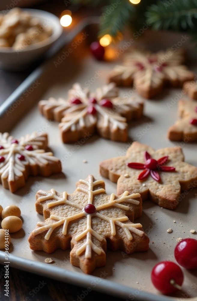 Cookies in the form of a snowflake lie on a dark plate with a New Year's background. Cookies in the form of a snowflake lie on a dark plate with a New Year's background.