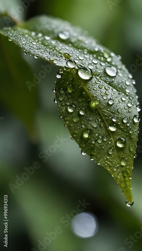 Green leaf with water droplets against a soft focus background.