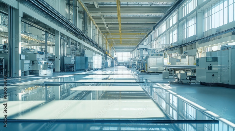  glass production plant, with sheets of glass being processed through large, automated machines