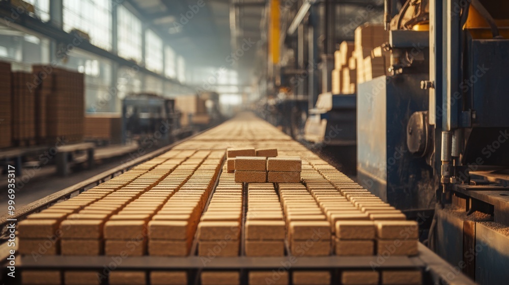 modern brick manufacturing plant, showing rows of freshly made bricks moving along a conveyor belt modern brick manufacturing plant, showing rows of freshly made bricks moving along a conveyor belt