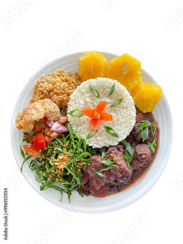 plate of food with rice, beans, salad and meat, healthy food, feijoada, pork rind, pancetta