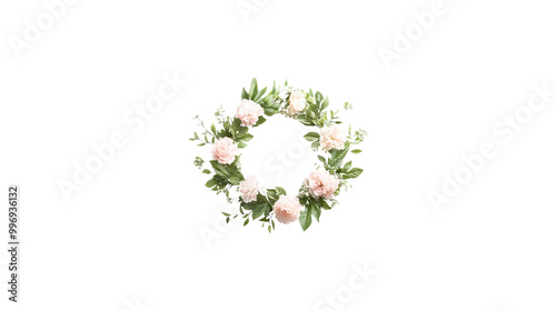 A flower arrangement with pink flowers and green leaves. The arrangement is circular and has a white background
