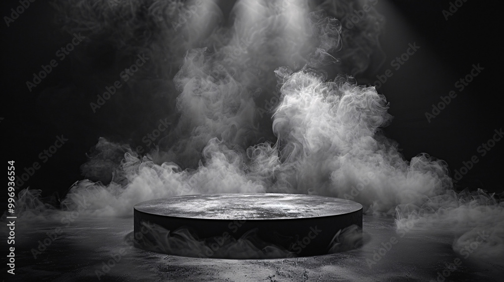 Podium in Black and White Smoke with Dramatic Lighting Podium in Black and White Smoke with Dramatic Lighting