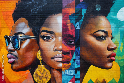 A beautiful mural celebrating Black History Month, featuring prominent figures from history, art, and culture. photo