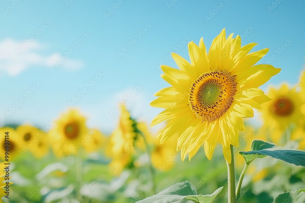 Fototapeta premium Sunflower blooming in field of flowers under summer sky
