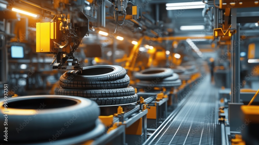 tire production line, with rubber being shaped and molded into car tires tire production line, with rubber being shaped and molded into car tires