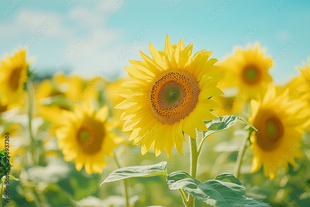 Sunflower blooming in field of sunflowers on summer day Sunflower blooming in field of sunflowers on summer day