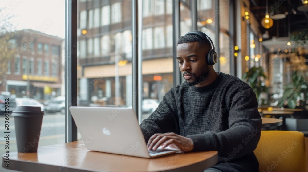 A young man sits at a table in a trendy cafe, focused on his laptop. He wears headphones and enjoys a coffee in a bustling city environment filled with natural light and greenery. A young man sits at a table in a trendy cafe, focused on his laptop. He wears headphones and enjoys a coffee in a bustling city environment filled with natural light and greenery.