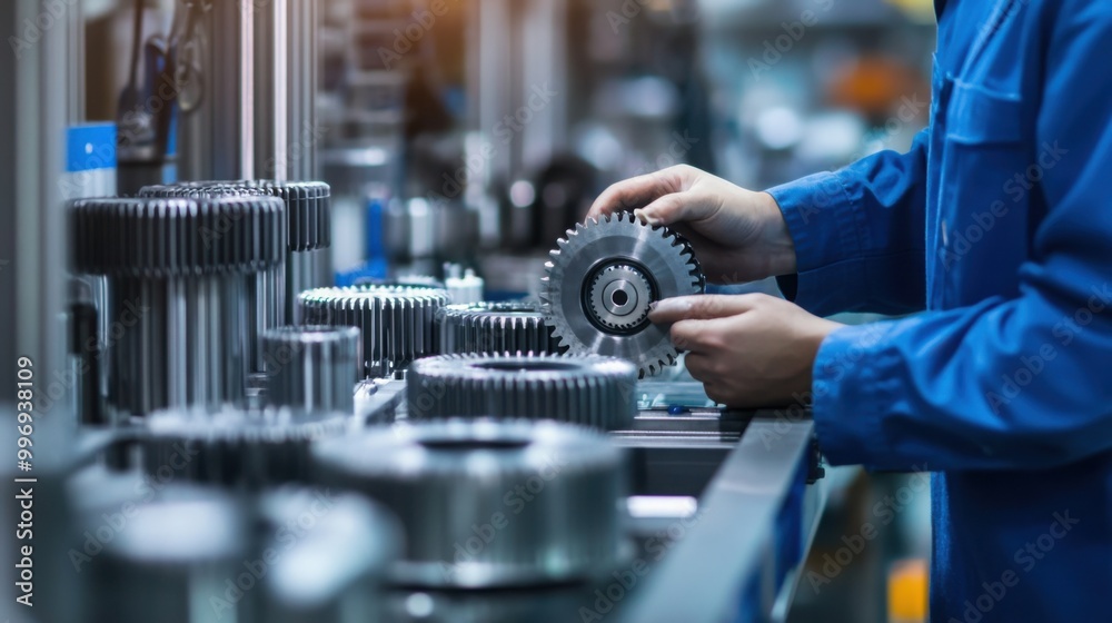 Fototapeta premium worker in a quality control department of an automotive parts factory, using precision instruments to measure and inspect components such as gears and shafts