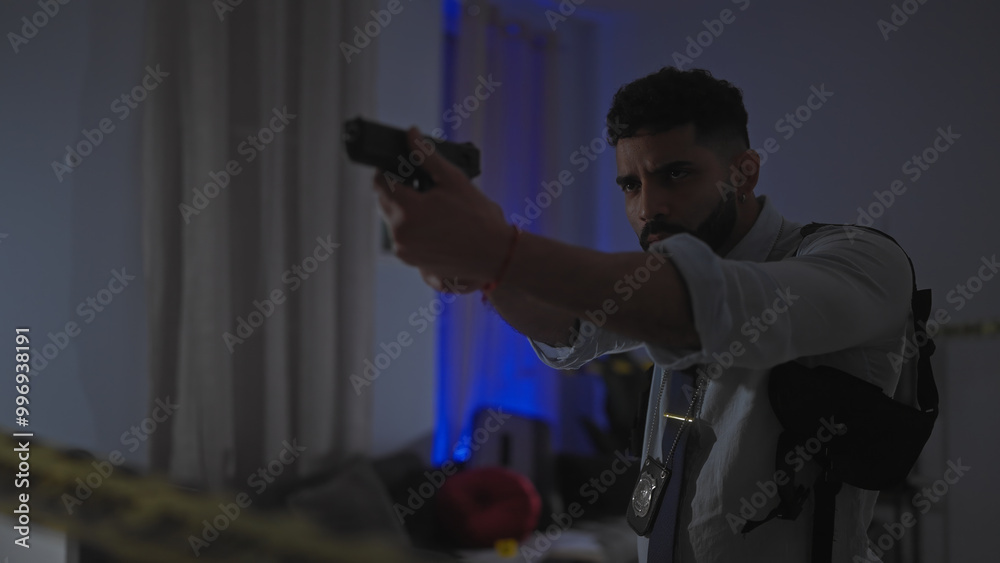 Bearded hispanic man in a dark room aiming a gun with police badge visible, suggesting an undercover operation.
