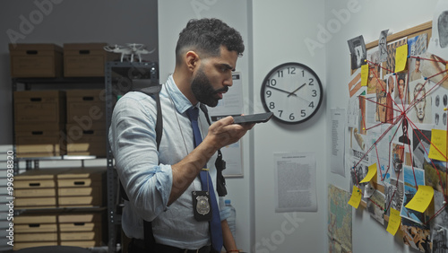 Hispanic detective with beard sending voice message in police station office full of investigation boards and evidence. photo