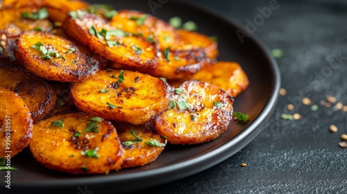 A plate is filled with freshly fried spicy plantains garnished with chopped herbs, showcasing deliciously crispy edges and vibrant color. Perfect for a flavorful dish