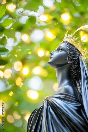 Statue of Our Lady of Aparecida (Nossa Senhora Aparecida). Beautiful background with glowing bokeh, suitable for religious visuals. photo