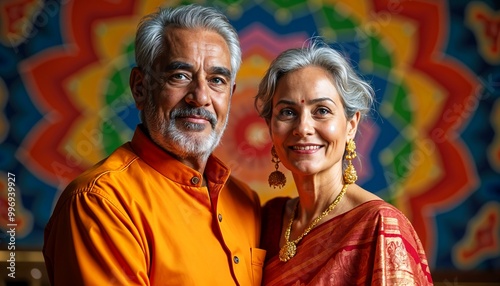 Elderly Indian Couple Joyfully Celebrating Diwali Indoors with Vibrant Decor