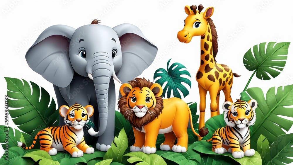 Obraz premium A colorful illustration of cartoon animals in a jungle setting.