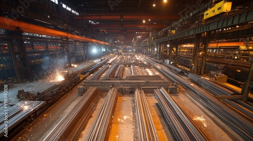 A wide-angle shot of a steel mill, showing large steel beams being produced and moved by cranes