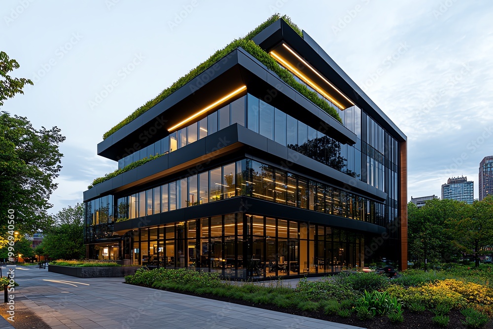 A modern office building with energy-efficient windows and a green roof, showcasing eco-friendly architecture and technology A modern office building with energy-efficient windows and a green roof, showcasing eco-friendly architecture and technology