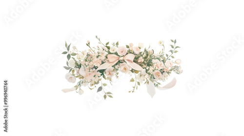 A flower arrangement with pink flowers and green leaves. The arrangement is circular and has a white background