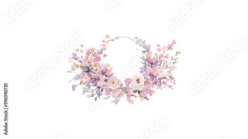 A flower arrangement with pink flowers and green leaves. The arrangement is circular and has a white background