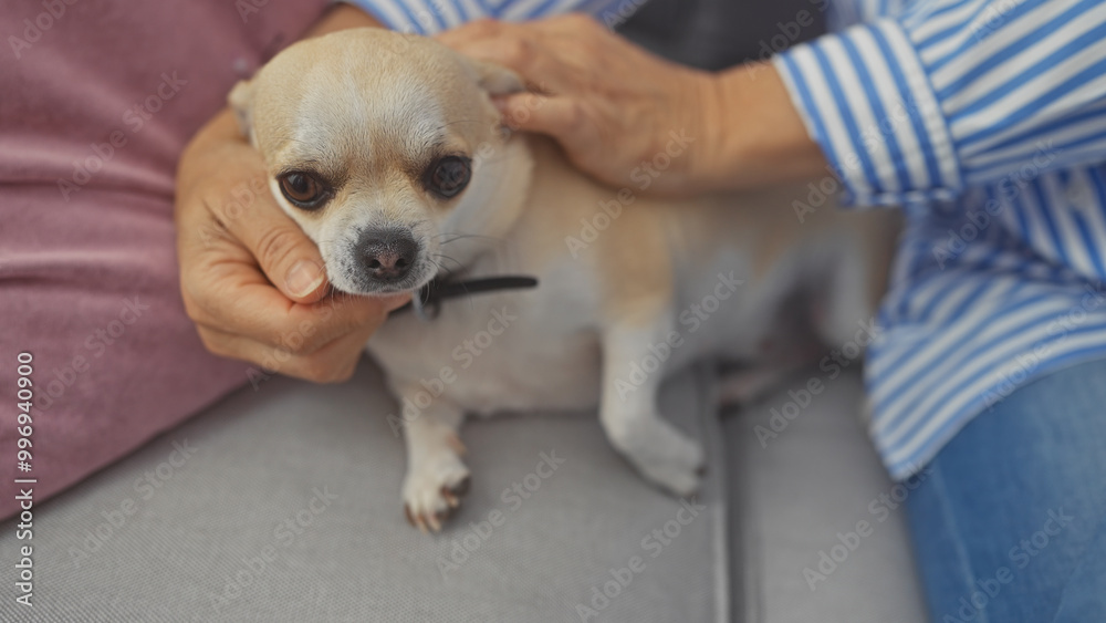 A middle-aged woman cuddles a chihuahua on a couch in a cozy living room, symbolizing pet companionship at home. A middle-aged woman cuddles a chihuahua on a couch in a cozy living room, symbolizing pet companionship at home.
