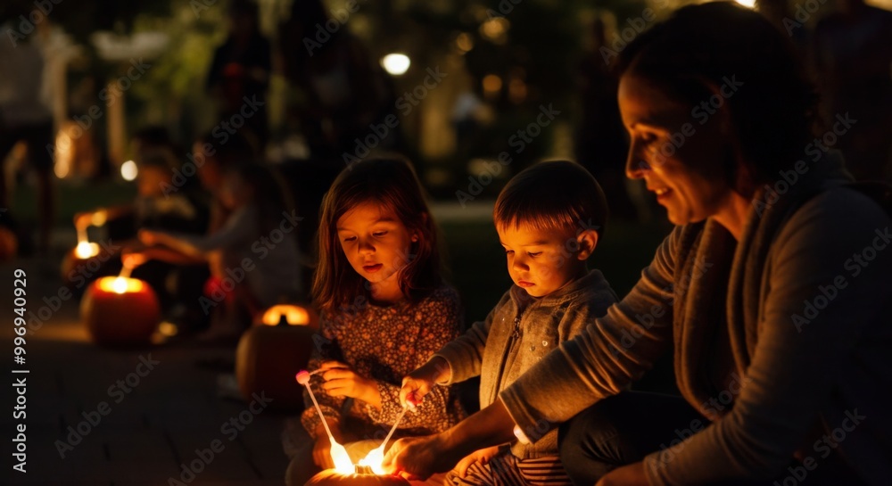 Fototapeta premium Kids Lighting Pumpkins With Sparklers