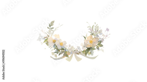 A flower arrangement with pink flowers and green leaves. The arrangement is circular and has a white background