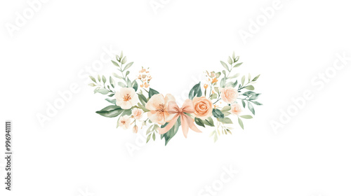 A flower arrangement with pink flowers and green leaves. The arrangement is circular and has a white background