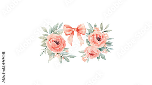 A flower arrangement with pink flowers and green leaves. The arrangement is circular and has a white background