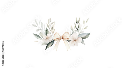 A flower arrangement with pink flowers and green leaves. The arrangement is circular and has a white background