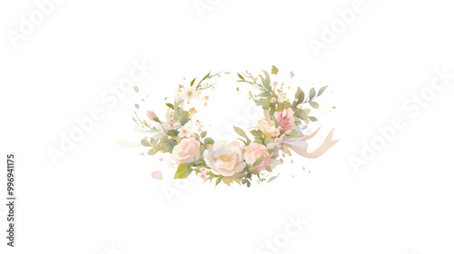 A flower arrangement with pink flowers and green leaves. The arrangement is circular and has a white background