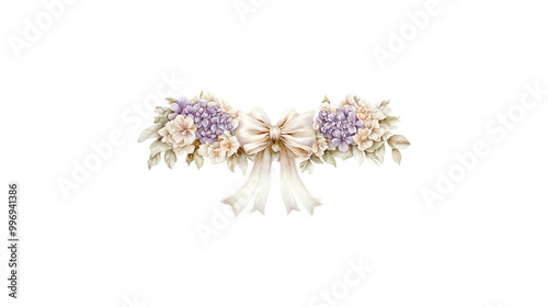 A flower arrangement with pink flowers and green leaves. The arrangement is circular and has a white background