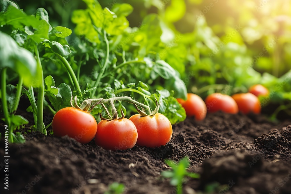 Ripe red tomatoes growing on vine in soil Ripe red tomatoes growing on vine in soil