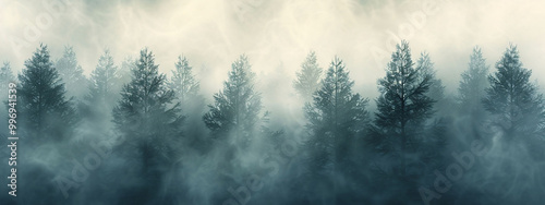 Misty Forest with Pine Trees in the Morning Fog