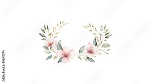 A flower arrangement with pink flowers and green leaves. The arrangement is circular and has a white background