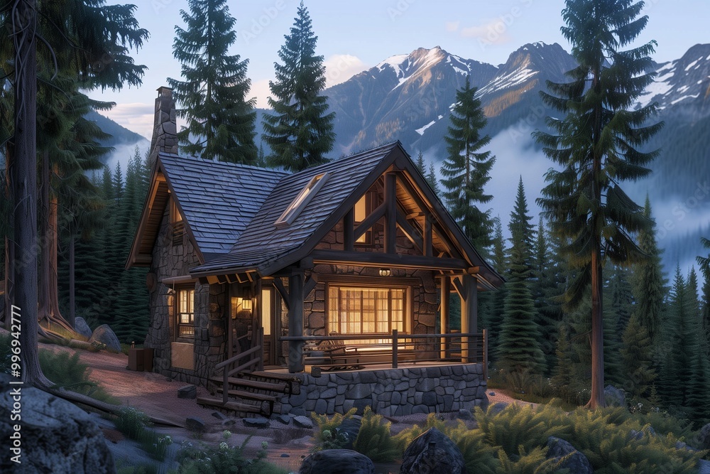A cozy mountain cabin with a stone foundation and wooden beams, nestled among tall pine trees. The house has a warm glow from the windows and a small porch with a view of the mountains. A cozy mountain cabin with a stone foundation and wooden beams, nestled among tall pine trees. The house has a warm glow from the windows and a small porch with a view of the mountains.