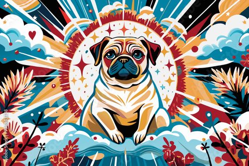 Colorful Cosmic Pug Illustration with Vibrant Celestial Background